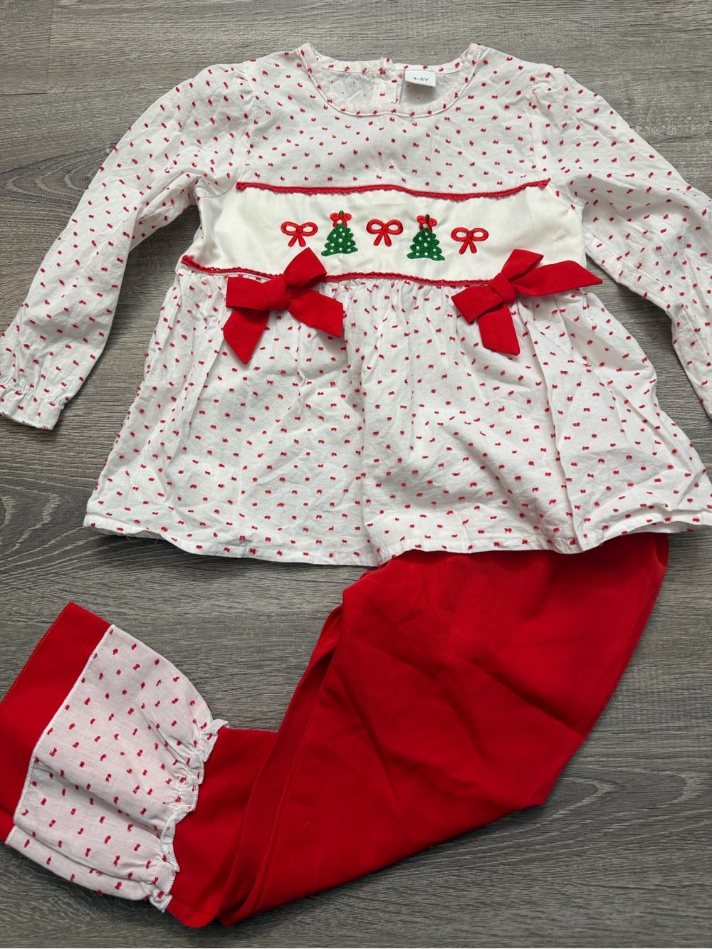 Holiday Red & White Girls' smocked Matching Set with Tree Appliqué